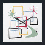 Atomic Age Squares Boomerang Starburst Mid Century Square Wall Clock<br><div class="desc">Add that splash of fun and colour to your wall with this fabulous atomic era mid century modern square wall clock! This design features abstract squares,  starbursts,  and a boomerang in the colours of red,  green,  blue,  yellow,  and black... so funky!</div>