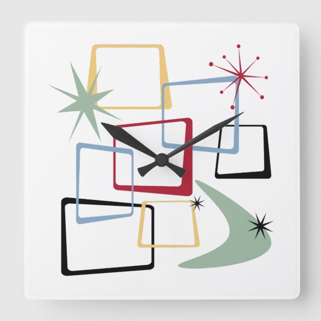 Atomic Age Squares Boomerang Starburst Mid Century Square Wall Clock (Front)