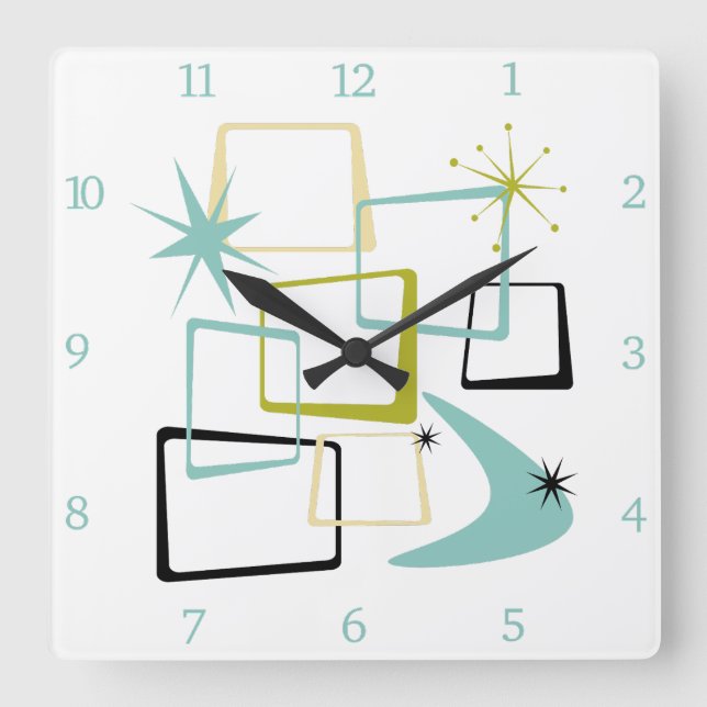 Atomic Age Squares Boomerang Starburst Midcentury Square Wall Clock (Front)