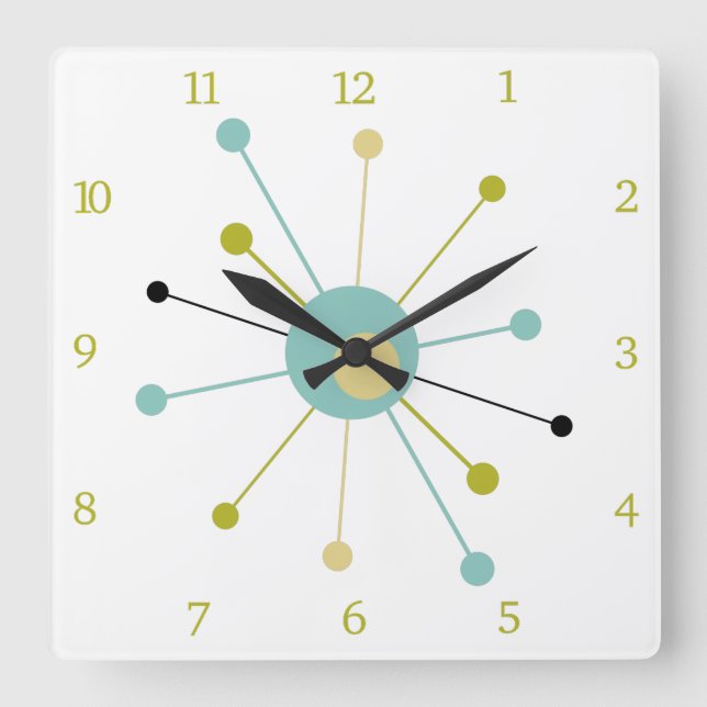 Atomic Age Starburst Mid Century Modern Numbers Square Wall Clock (Front)