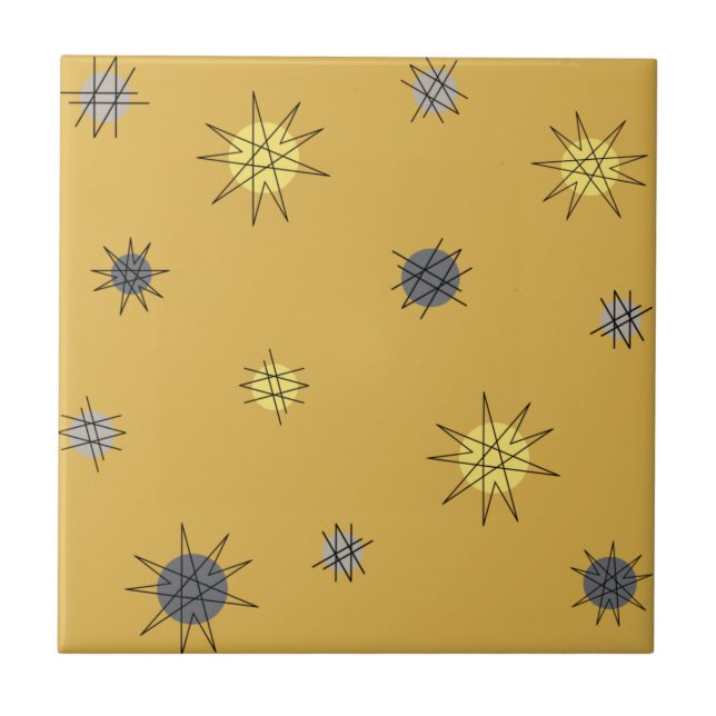 Atomic Age Starburst Planets Ochre Grey Tile (Front)