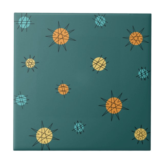 Atomic Age Starburst Planets Teal Tile (Front)