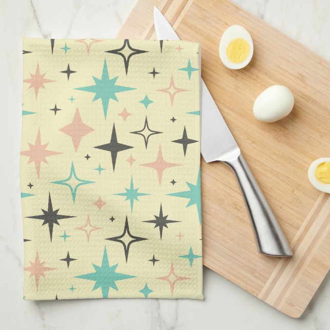 Atomic Age Stars on Yellow Mid Century Tea Towel (Quarter Fold)