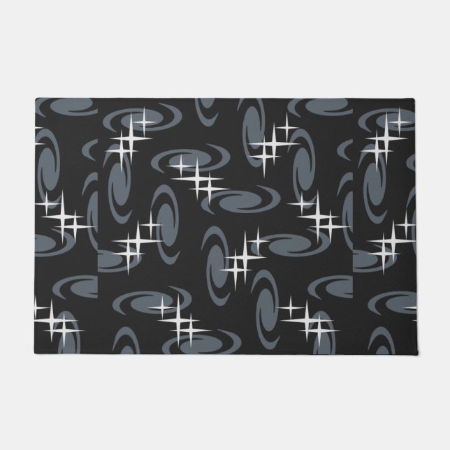 Atomic Age Swirls Stars Pattern Black Grey Doormat (Front)