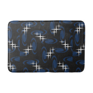 Atomic Age Swirls Stars Pattern Black Navy Blue Bath Mat