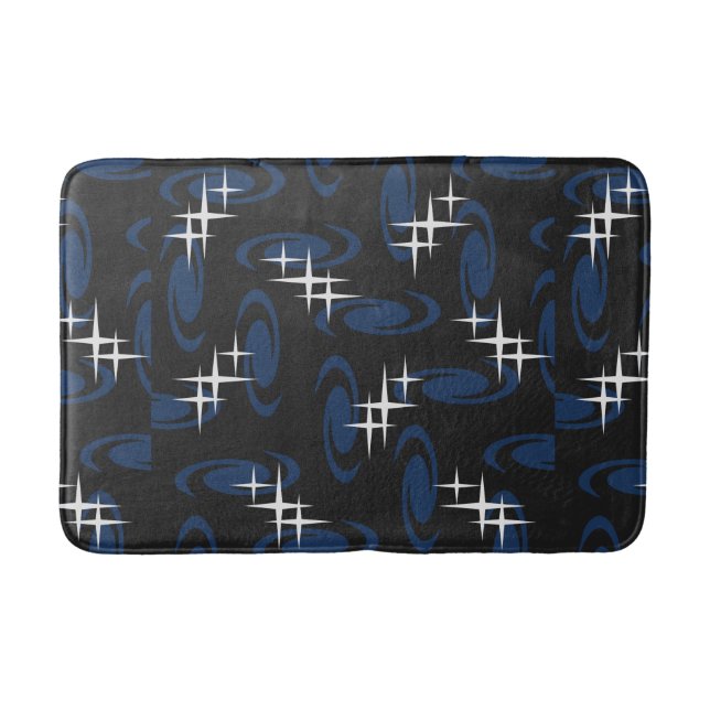 Atomic Age Swirls Stars Pattern Black Navy Blue Bath Mat (Front)