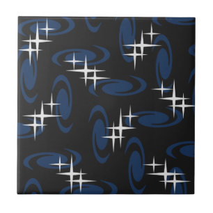 Atomic Age Swirls Stars Pattern Black Navy Blue Tile