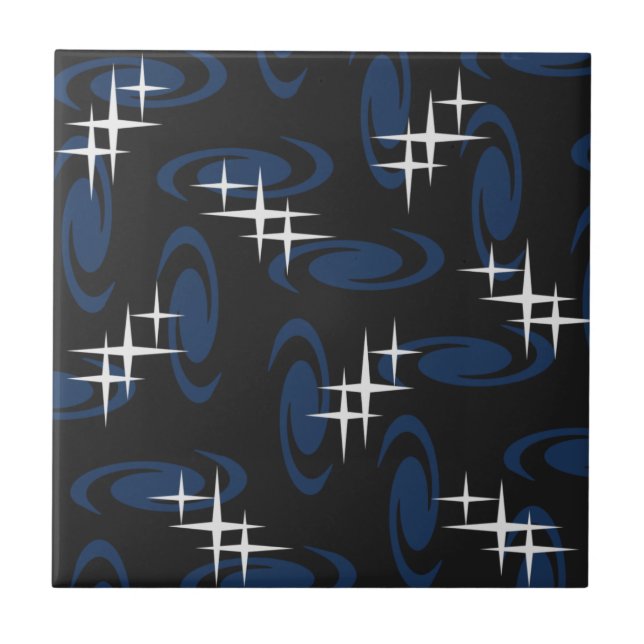 Atomic Age Swirls Stars Pattern Black Navy Blue Tile (Front)