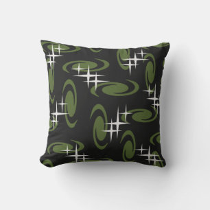 Atomic Age Swirls Stars Pattern Black Olive Green Cushion