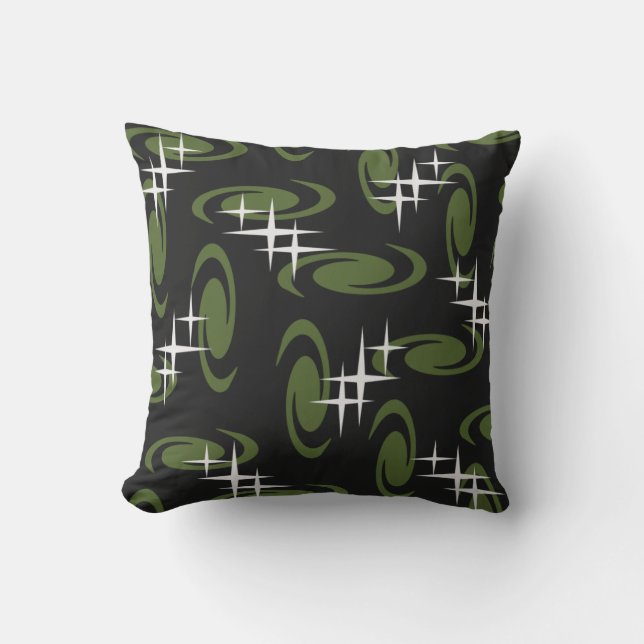 Atomic Age Swirls Stars Pattern Black Olive Green Cushion (Front)