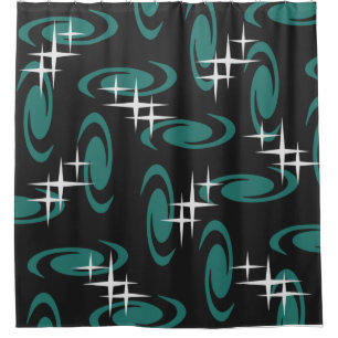 Atomic Age Swirls Stars Pattern Black Teal Shower Curtain