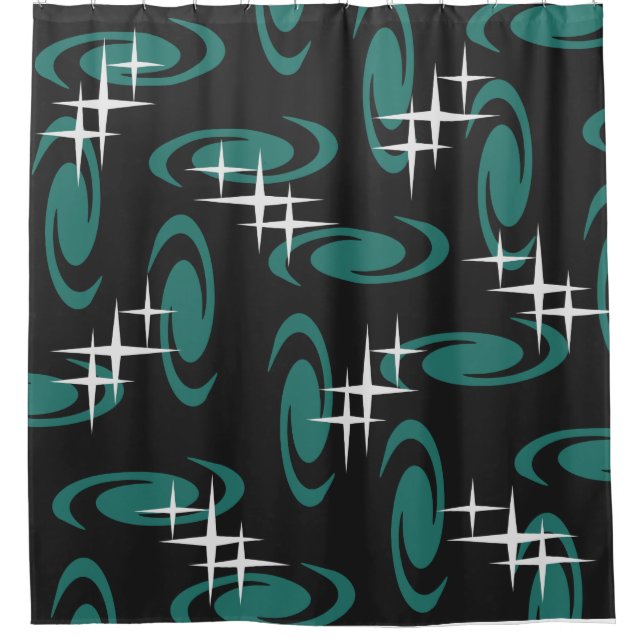 Atomic Age Swirls Stars Pattern Black Teal Shower Curtain (Front)