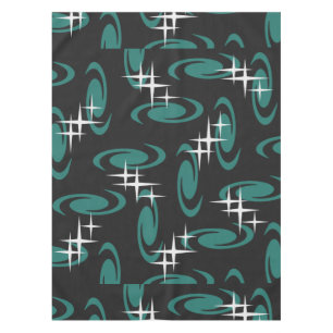 Atomic Age Swirls Stars Pattern Black Teal Tablecloth