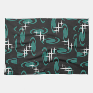 Atomic Age Swirls Stars Pattern Black Teal Tea Towel