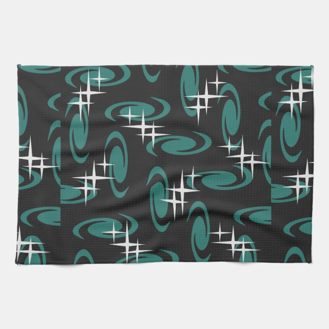 Atomic Age Swirls Stars Pattern Black Teal Tea Towel (Horizontal)