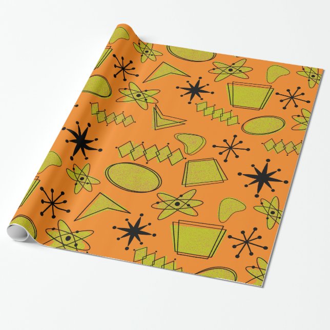 Atomic Black and Yellow on Orange Wrapping Paper (Unrolled)