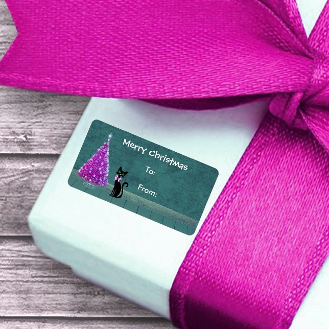 Atomic black Cat Pink silver Christmas Tree Teal Label (Pink silver tree cute black cat teal room on Christmas gift tag labels.)