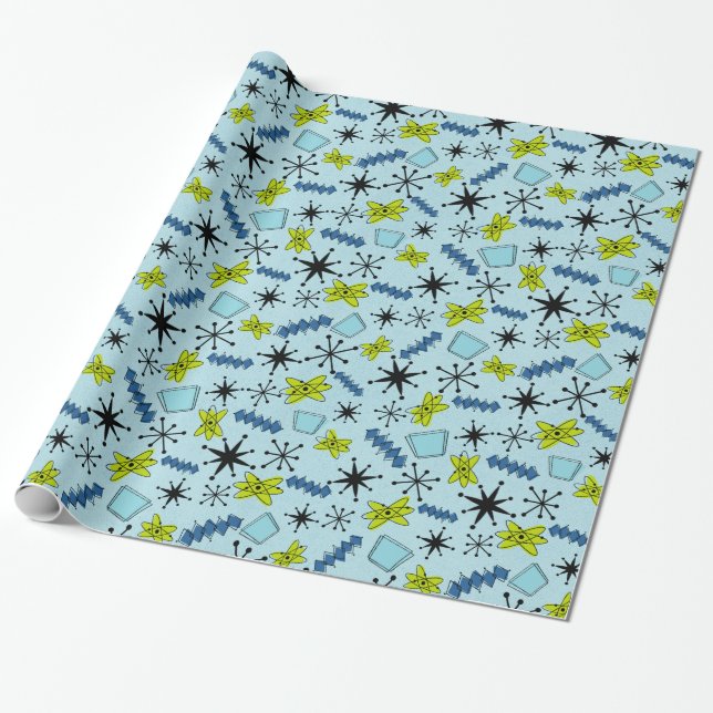 Atomic Blues and Green on Blue Medium Scale Wrapping Paper (Unrolled)