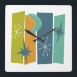 Atomic Boomerang Starburst Rectangles Mid Mod Square Wall Clock<br><div class="desc">Make a statement on your wall with this bold atomic era mid century square wall clock. With its turquoise,  orange,  blue,  avocado green,  and white rectangles,  stars,  and boomerang it’s sure to get a few “wows”!</div>