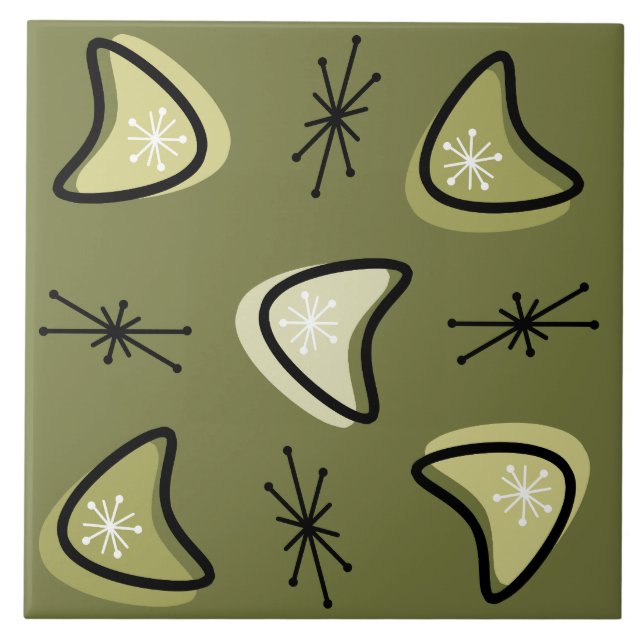 Atomic Boomerangs Starbursts Olive Green Tile (Front)