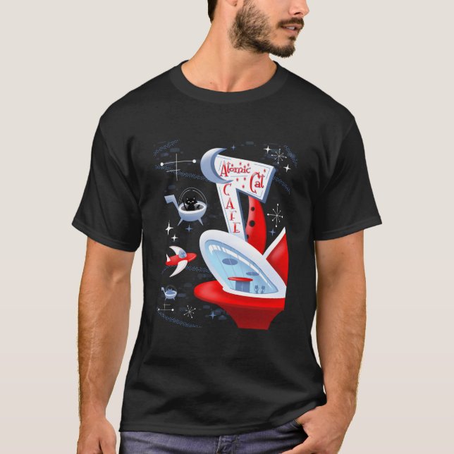 Atomic Cat Cafe Futuristic Spaceport Mid Century T-Shirt (Front)