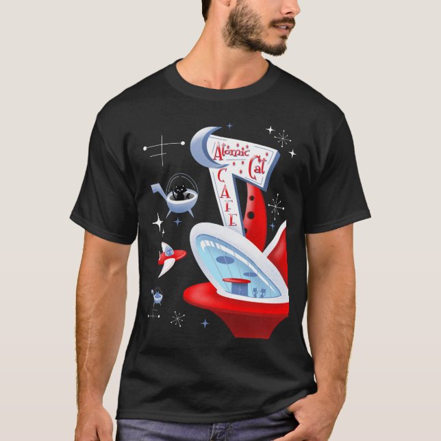Atomic Cat Cafe Retro Futuristic Kitty Spaceport T-Shirt (Front)
