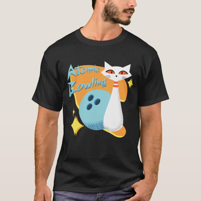 Atomic Cat in Mid-Century Modern Bowling Design T-Shirt (Front)