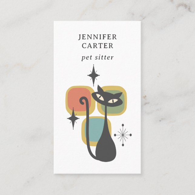 ATOMIC CAT MID CENTURY SQUARES PET SITTER TEAL BUSINESS CARD (Front)