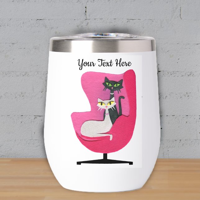 Atomic Cats Green Yellow Eyes Pink Vintage Chair (Pretty 1950's cats in pink vintage chair on wine drink tumbler.)