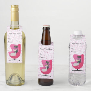 Atomic Cats in Pink Chair Polka Dots on White Bottle Tag