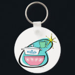 Atomic Cookware Design Button Keychain<br><div class="desc">This Atomic Cookware Design Button Keychain will have you saying, “Wow, what an amazing thrift store haul!” The mid century modern boomerang with bright yellow starburst acts as the background for these perfectly kitschy dishes. A jadeite restaurant ware coffee mug, an iconically 1950s lidded casserole dish with cornflower blue floral...</div>