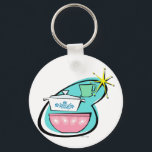 Atomic Cookware Design Button Keychain<br><div class="desc">This Atomic Cookware Design Button Keychain will have you saying, “Wow, what an amazing thrift store haul!” The mid century modern boomerang with bright yellow starburst acts as the background for these perfectly kitschy dishes. A jadeite restaurant ware coffee mug, an iconically 1950s lidded casserole dish with cornflower blue floral...</div>