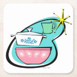 Atomic Cookware Design Coaster<br><div class="desc">This Atomic Cookware Design Coaster will have you saying, “Wow, what an amazing thrift store haul!” The mid century modern boomerang with bright yellow starburst acts as the background for these perfectly kitschy dishes. A jadeite restaurant ware coffee mug, an iconically 1950s lidded casserole dish with cornflower blue floral design,...</div>
