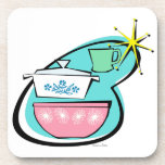 Atomic Cookware Design Hard Plastic Coaster<br><div class="desc">This Atomic Cookware Design Hard Plastic Coaster will have you saying, “Wow, what an amazing thrift store haul!” The mid century modern boomerang with bright yellow starburst acts as the background for these perfectly kitschy dishes. A jadeite restaurant ware coffee mug, an iconically 1950s lidded casserole dish with cornflower blue...</div>