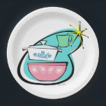 Atomic Cookware Design Paper Plates<br><div class="desc">This Atomic Cookware Design Paper Plates will have you saying, “Wow, what an amazing thrift store haul!” The mid century modern boomerang with bright yellow starburst acts as the background for these perfectly kitschy dishes. A jadeite restaurant ware coffee mug, an iconically 1950s lidded casserole dish with cornflower blue floral...</div>
