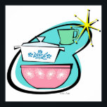 Atomic Cookware Design Poster<br><div class="desc">This Atomic Cookware Design Poster will have you saying, “Wow, what an amazing thrift store haul!” The mid century modern boomerang with bright yellow starburst acts as the background for these perfectly kitschy dishes. A jadeite restaurant ware coffee mug, an iconically 1950s lidded casserole dish with cornflower blue floral design,...</div>