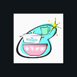 Atomic Cookware Design Stretched Canvas<br><div class="desc">This Atomic Cookware Design Stretched Canvas will have you saying, “Wow, what an amazing thrift store haul!” The mid century modern boomerang with bright yellow starburst acts as the background for these perfectly kitschy dishes. A jadeite restaurant ware coffee mug, an iconically 1950s lidded casserole dish with cornflower blue floral...</div>