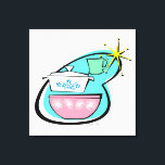 Atomic Cookware Design Stretched Canvas Print<br><div class="desc">This Atomic Cookware Design Stretched Canvas will have you saying, “Wow, what an amazing thrift store haul!” The mid century modern boomerang with bright yellow starburst acts as the background for these perfectly kitschy dishes. A jadeite restaurant ware coffee mug, an iconically 1950s lidded casserole dish with cornflower blue floral...</div>