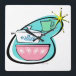 Atomic Cookware Design Wall Clock<br><div class="desc">This Atomic Cookware Design Wall Clock will have you saying, “Wow, what an amazing thrift store haul!” The mid century modern boomerang with bright yellow starburst acts as the background for these perfectly kitschy dishes. A jadeite restaurant ware coffee mug, an iconically 1950s lidded casserole dish with cornflower blue floral...</div>