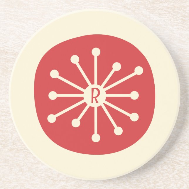 Atomic Dot Midcentury Modern Retro Initial Red Coaster (Front)