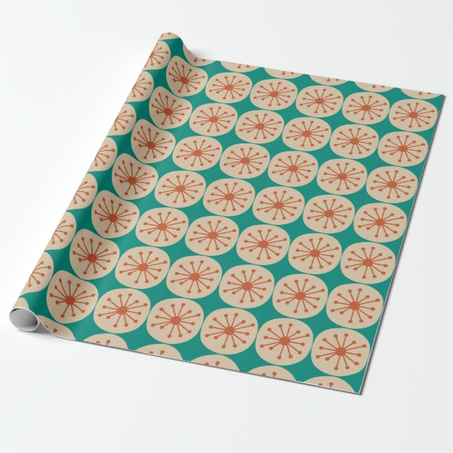 Atomic Dots Mid Century Modern Orange Beige Teal Wrapping Paper (Unrolled)