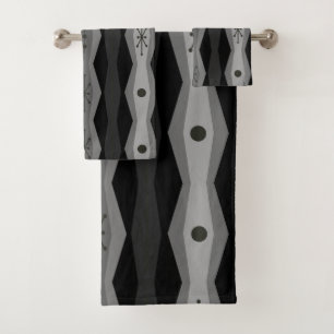 Atomic Era Abstract Columns Black Grey Bath Towel Set