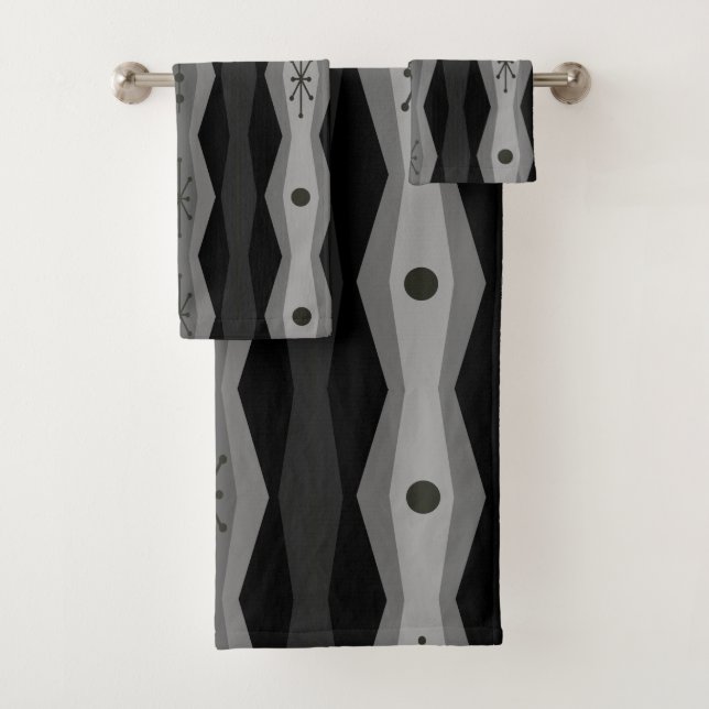Atomic Era Abstract Columns Black Grey Bath Towel Set (Insitu)