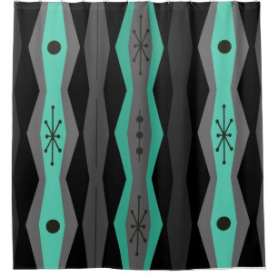 Atomic Era Abstract Columns Black Turquoise Shower Curtain