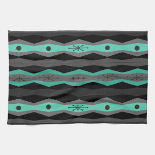 Atomic Era Abstract Columns Black Turquoise Tea Towel