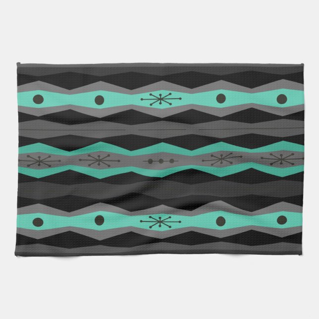 Atomic Era Abstract Columns Black Turquoise Tea Towel (Horizontal)