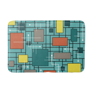 Atomic Era Abstract Lines Boxes Turquoise Bath Mat