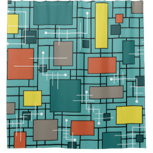 Atomic Era Abstract Lines Boxes Turquoise Shower Curtain