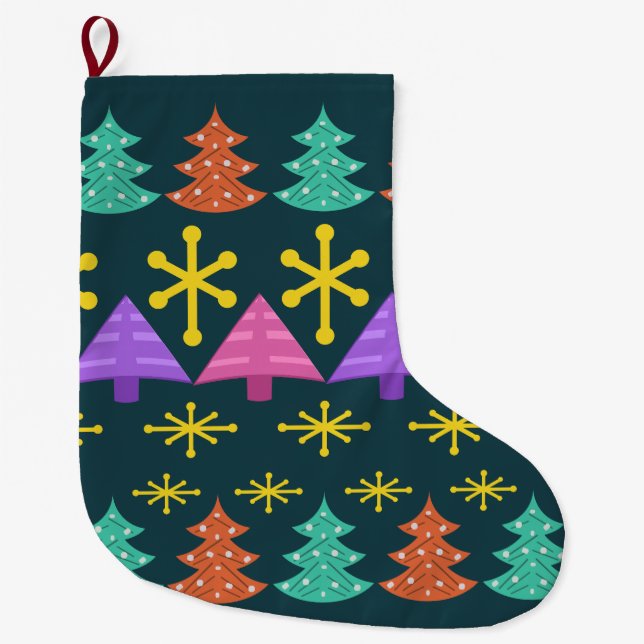 Atomic Era Christmas Trees Kitsch Dark Large Christmas Stocking (Front)