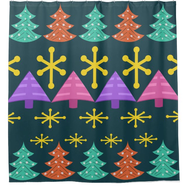 Atomic Era Christmas Trees Kitsch Dark Shower Curtain (Front)